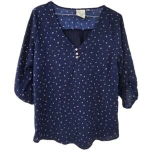 JANET CHUNG Navy Blue 3/4 Length Sleeve Blouse Top Womens Size Small S